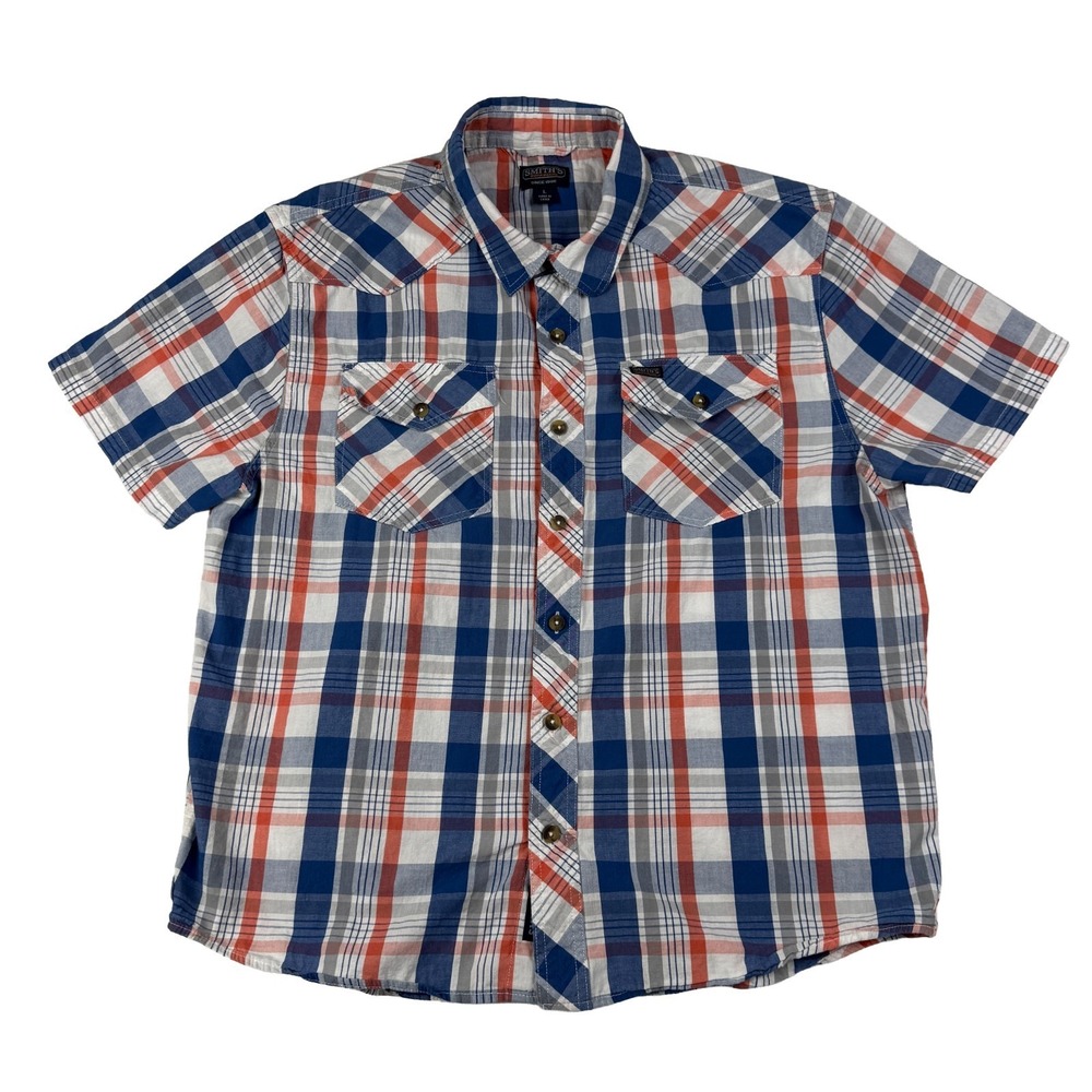Smiths Workwear Mens Plaid Button Up Shirt Size Large Short Sleeve Western